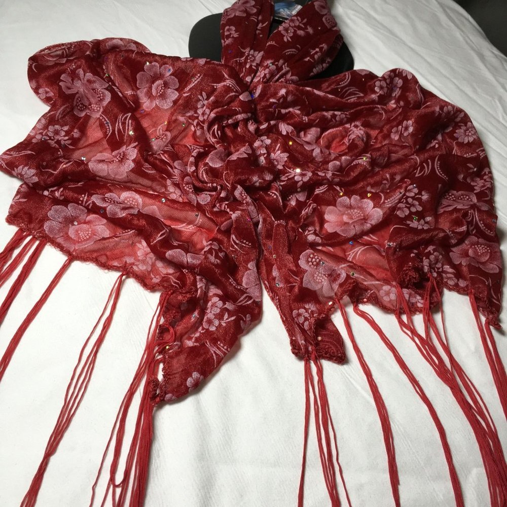 Garnet Floral Brand New Designer Women's Scarf with Tassels